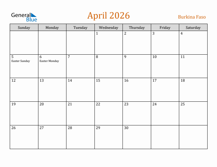 April 2026 Holiday Calendar with Sunday Start