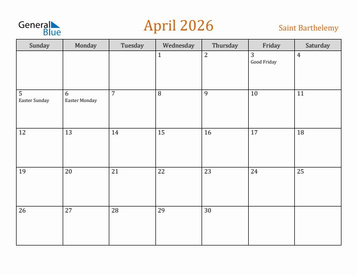 April 2026 Holiday Calendar with Sunday Start