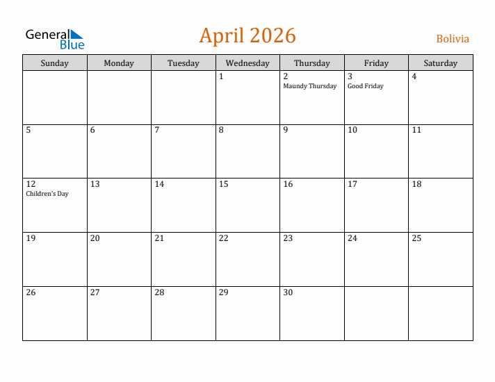 April 2026 Holiday Calendar with Sunday Start