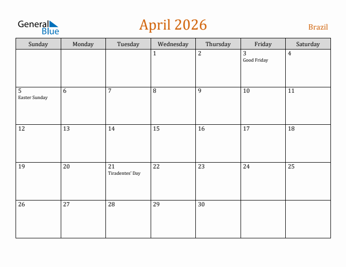 April 2026 Holiday Calendar with Sunday Start