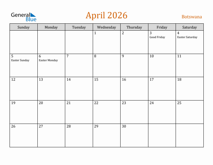 April 2026 Holiday Calendar with Sunday Start