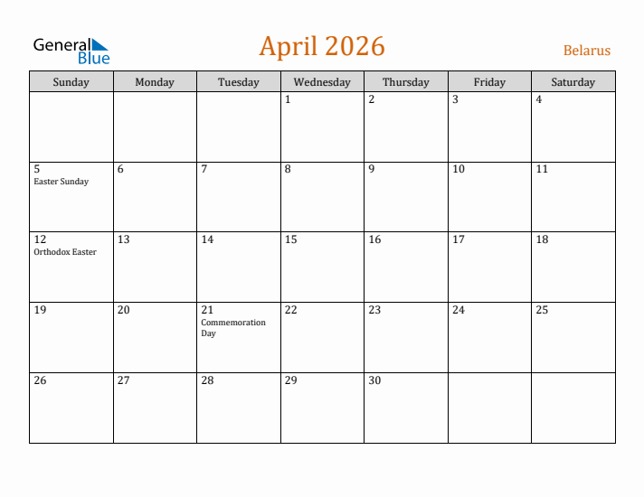 April 2026 Holiday Calendar with Sunday Start