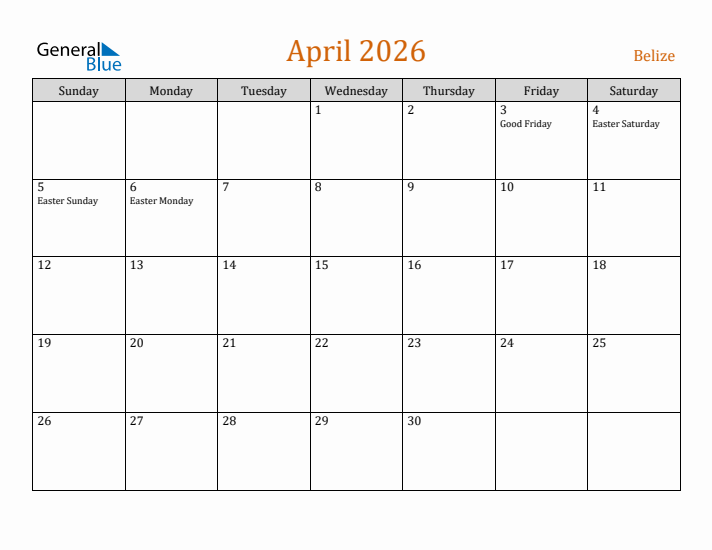 April 2026 Holiday Calendar with Sunday Start