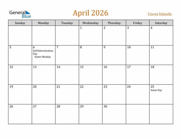 April 2026 Holiday Calendar with Sunday Start