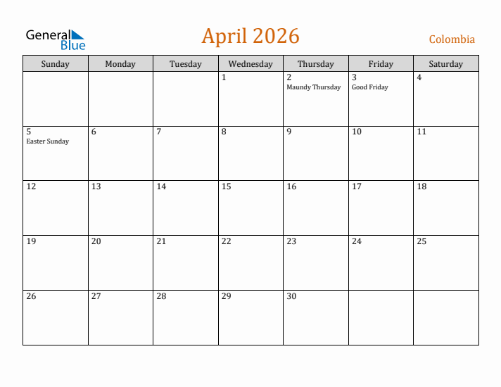 April 2026 Holiday Calendar with Sunday Start