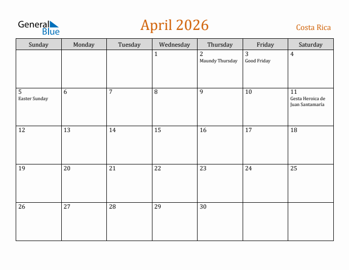 April 2026 Holiday Calendar with Sunday Start