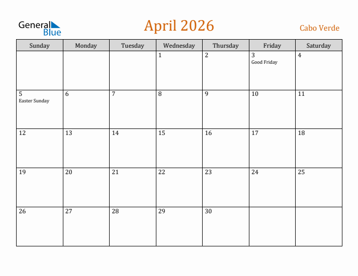 April 2026 Holiday Calendar with Sunday Start