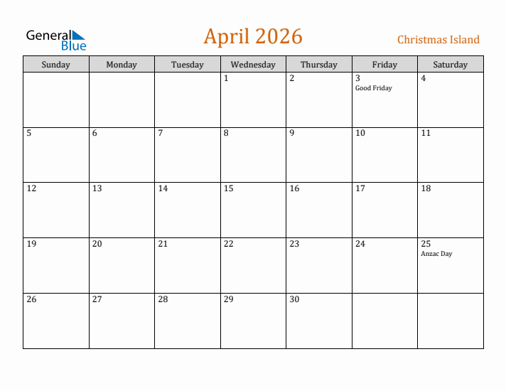 April 2026 Holiday Calendar with Sunday Start