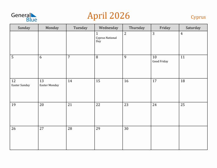 April 2026 Holiday Calendar with Sunday Start