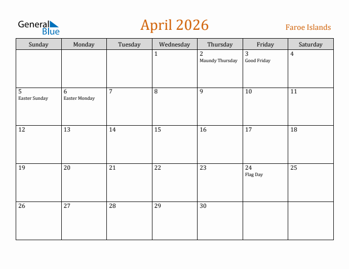 April 2026 Holiday Calendar with Sunday Start