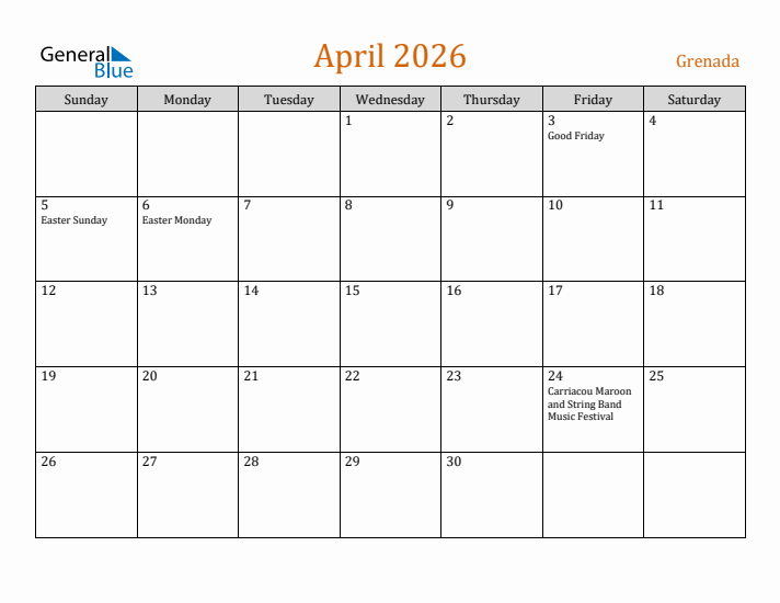 April 2026 Holiday Calendar with Sunday Start