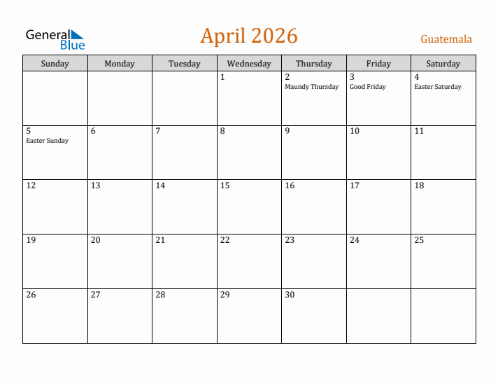 April 2026 Holiday Calendar with Sunday Start