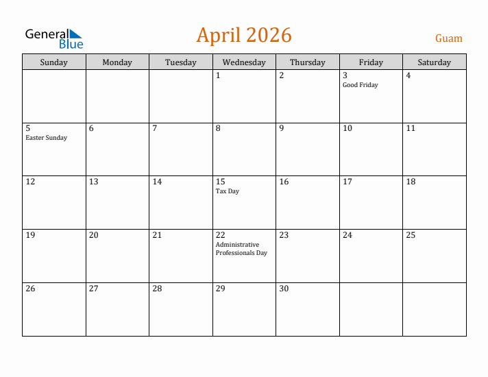 April 2026 Holiday Calendar with Sunday Start