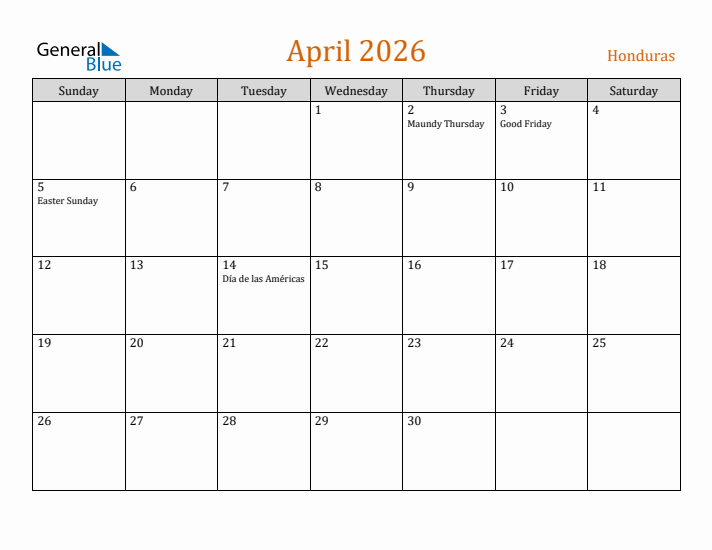 April 2026 Holiday Calendar with Sunday Start