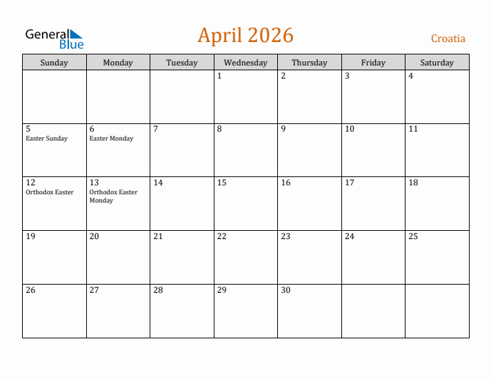 April 2026 Holiday Calendar with Sunday Start