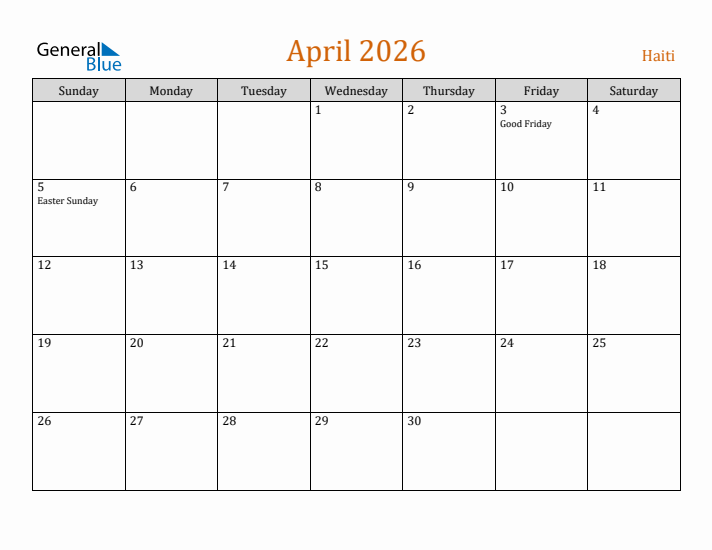 April 2026 Holiday Calendar with Sunday Start