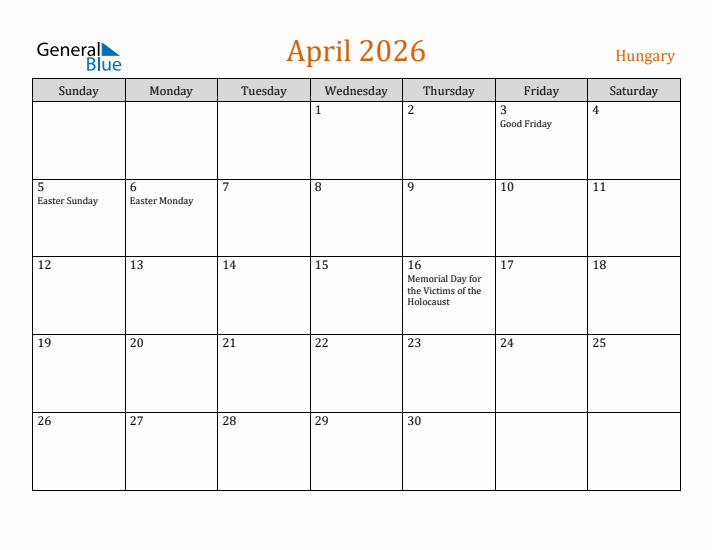 April 2026 Holiday Calendar with Sunday Start