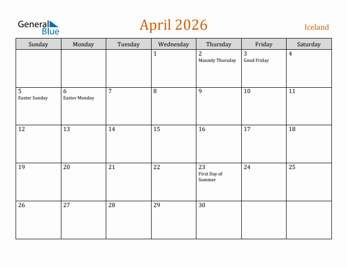 April 2026 Holiday Calendar with Sunday Start