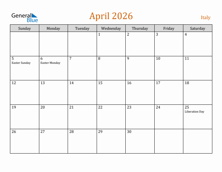 April 2026 Holiday Calendar with Sunday Start