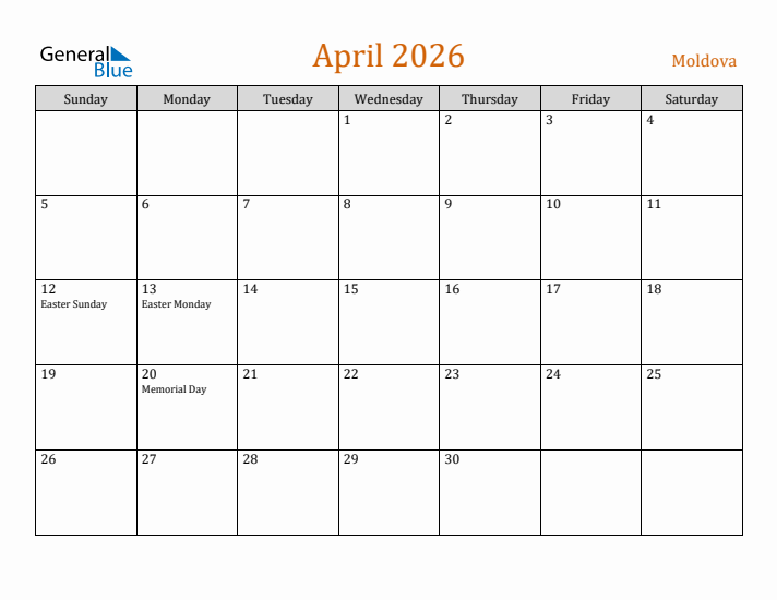 April 2026 Holiday Calendar with Sunday Start