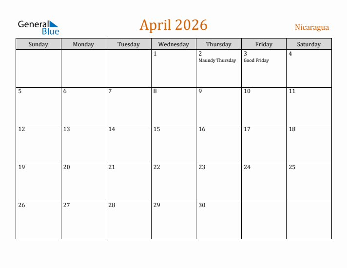 April 2026 Holiday Calendar with Sunday Start