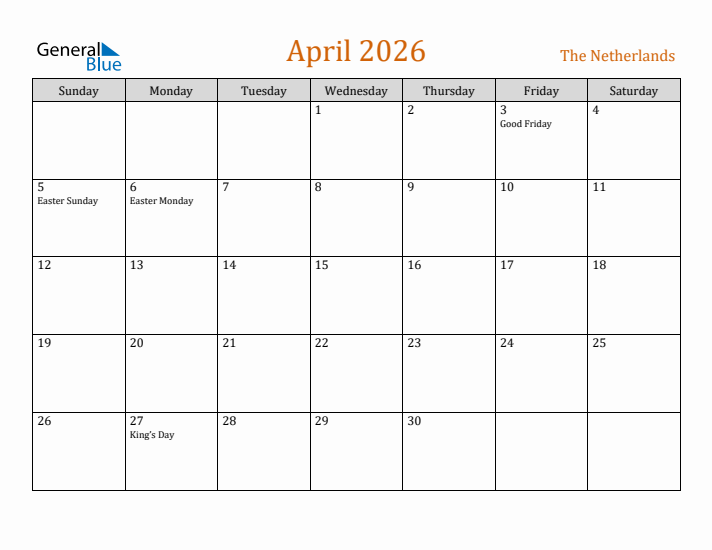 April 2026 Holiday Calendar with Sunday Start