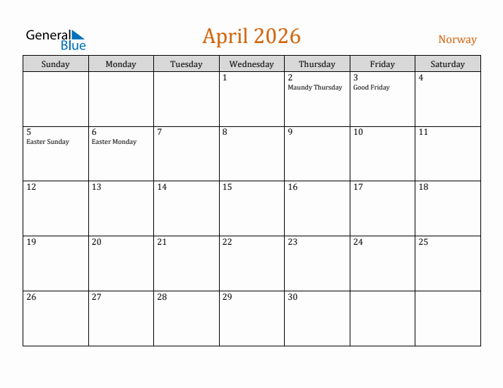 April 2026 Holiday Calendar with Sunday Start