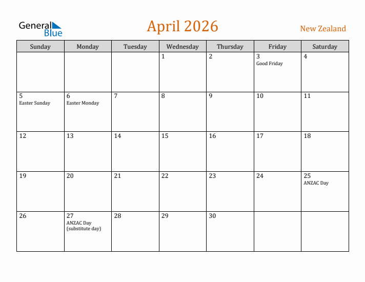 April 2026 Holiday Calendar with Sunday Start