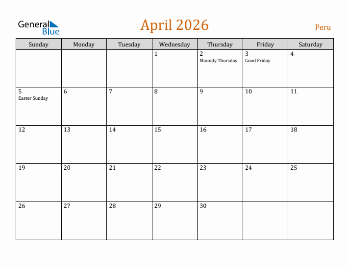 April 2026 Holiday Calendar with Sunday Start