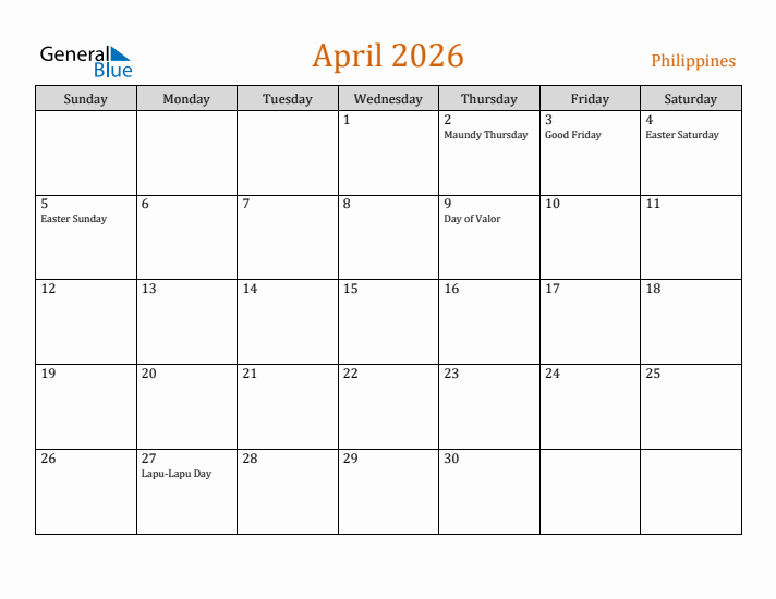 April 2026 Holiday Calendar with Sunday Start