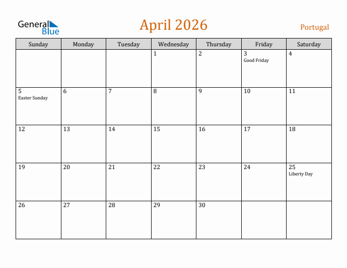 April 2026 Holiday Calendar with Sunday Start