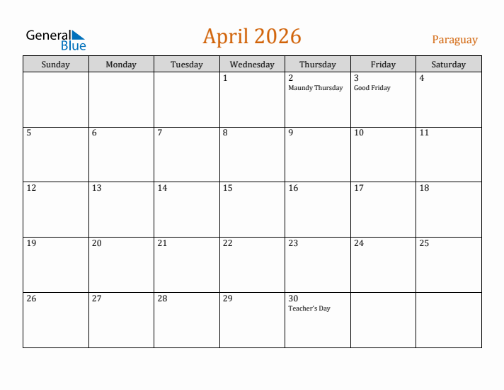 April 2026 Holiday Calendar with Sunday Start