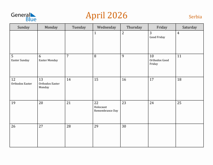 April 2026 Holiday Calendar with Sunday Start