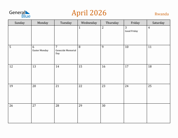 April 2026 Holiday Calendar with Sunday Start