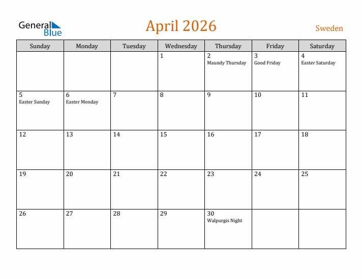 April 2026 Holiday Calendar with Sunday Start