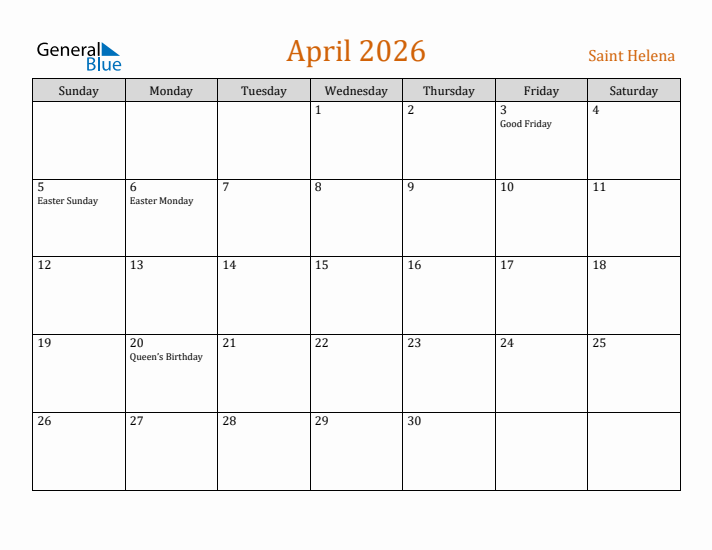 April 2026 Holiday Calendar with Sunday Start