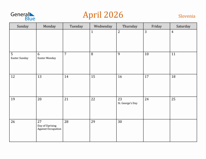 April 2026 Holiday Calendar with Sunday Start