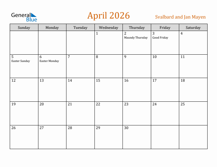 April 2026 Holiday Calendar with Sunday Start