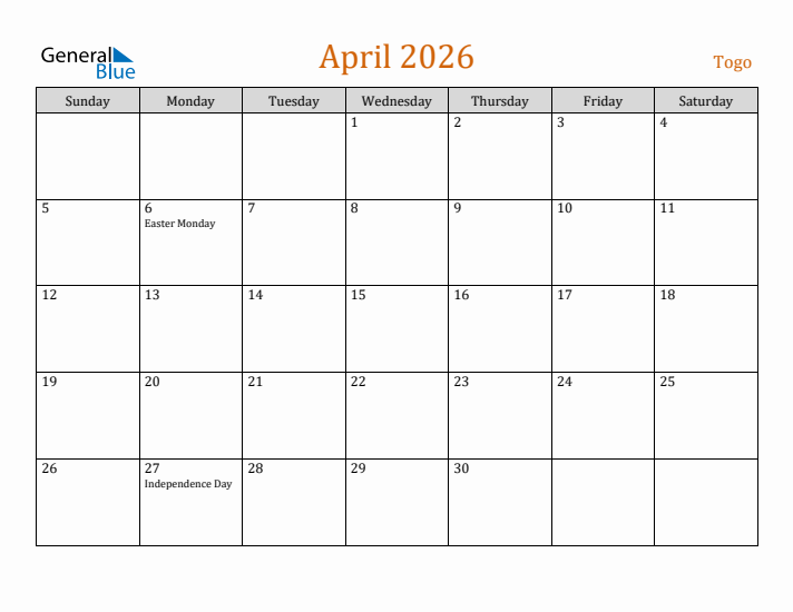 April 2026 Holiday Calendar with Sunday Start