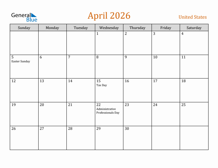 April 2026 Holiday Calendar with Sunday Start