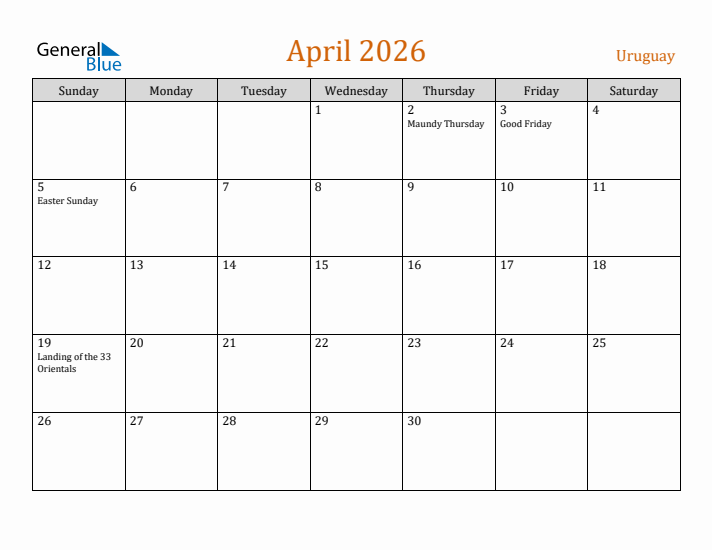 April 2026 Holiday Calendar with Sunday Start