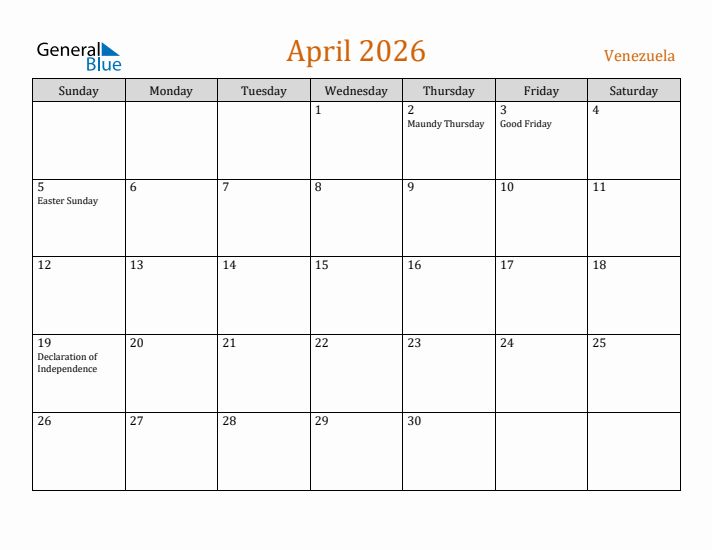 April 2026 Holiday Calendar with Sunday Start