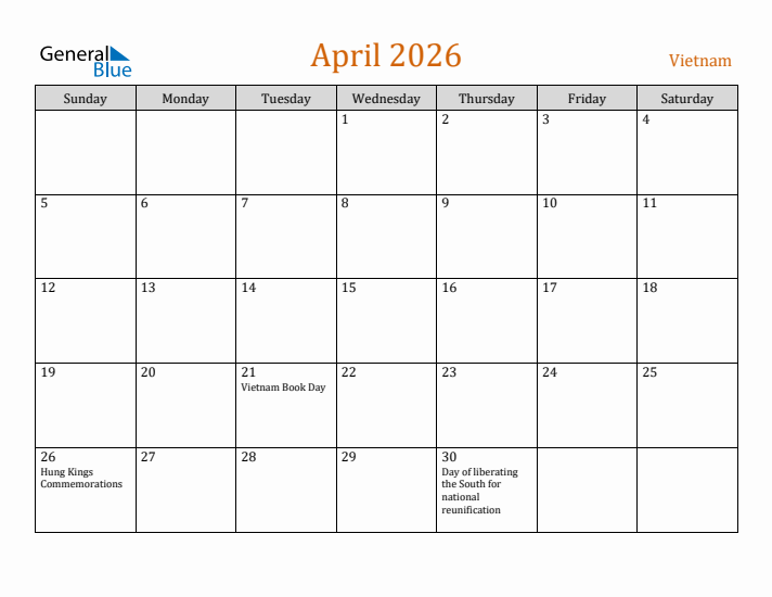 April 2026 Holiday Calendar with Sunday Start