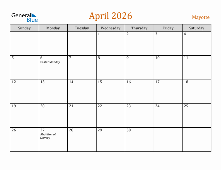 April 2026 Holiday Calendar with Sunday Start