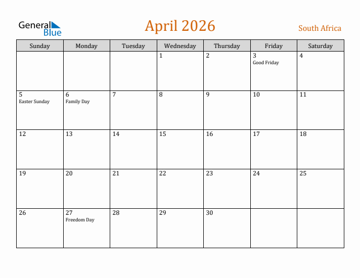 April 2026 Holiday Calendar with Sunday Start