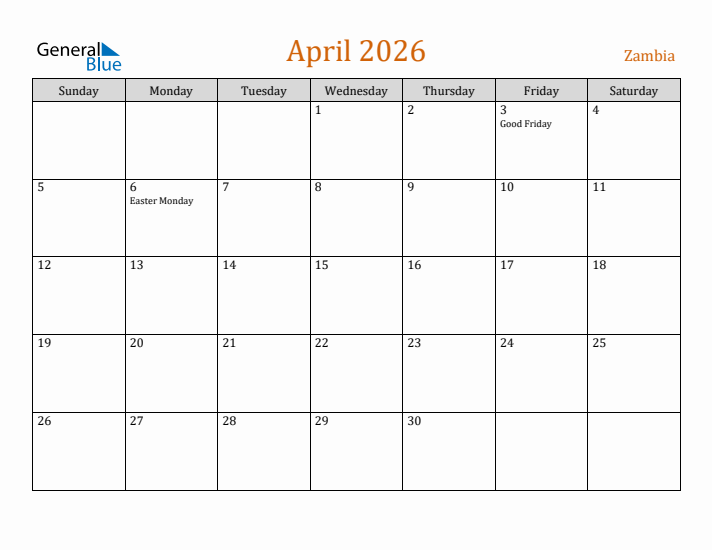 April 2026 Holiday Calendar with Sunday Start