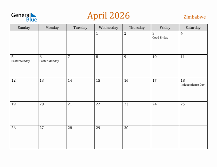 April 2026 Holiday Calendar with Sunday Start