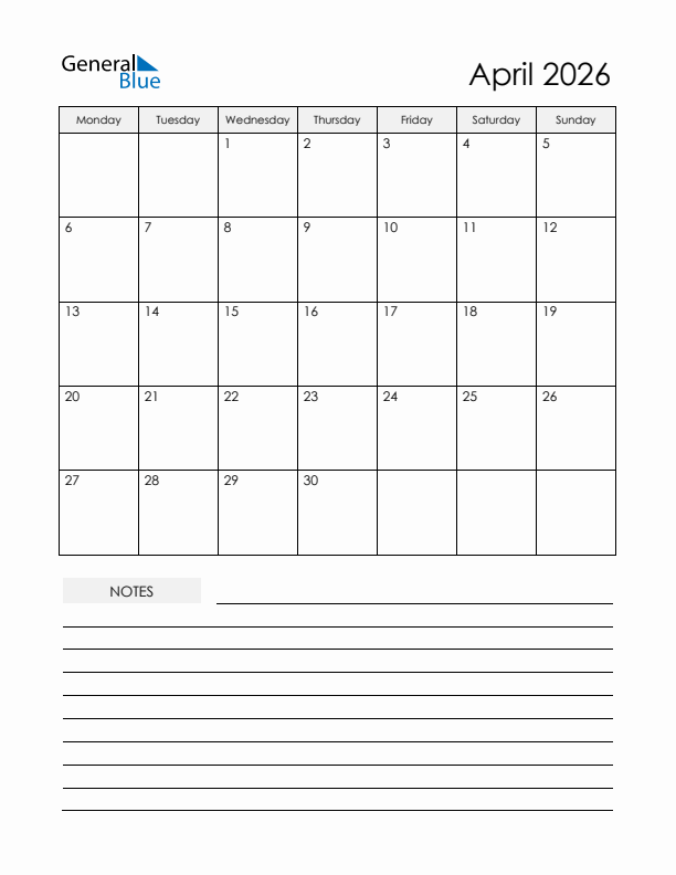 Printable Calendar with Notes - April 2026 