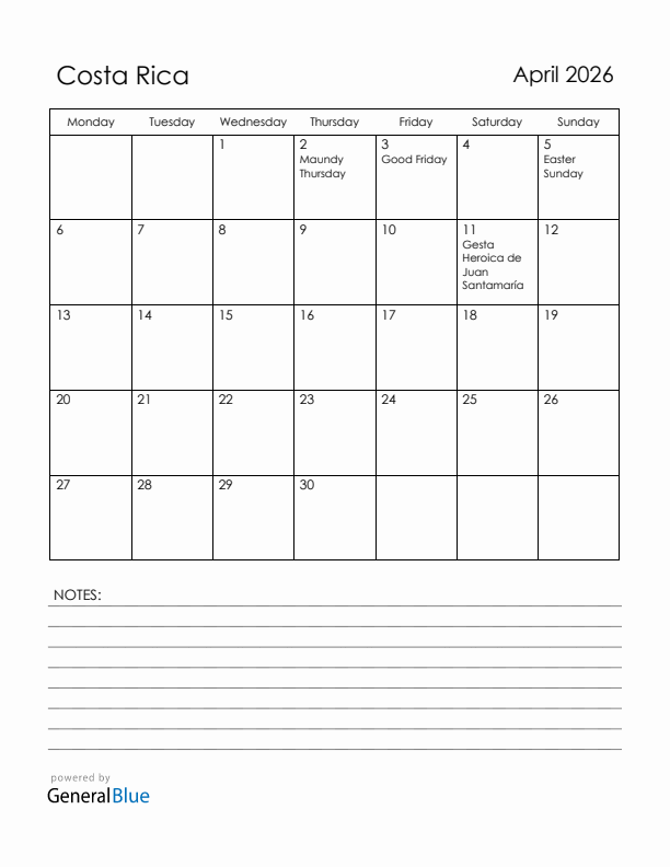 April 2026 Costa Rica Calendar with Holidays (Monday Start)