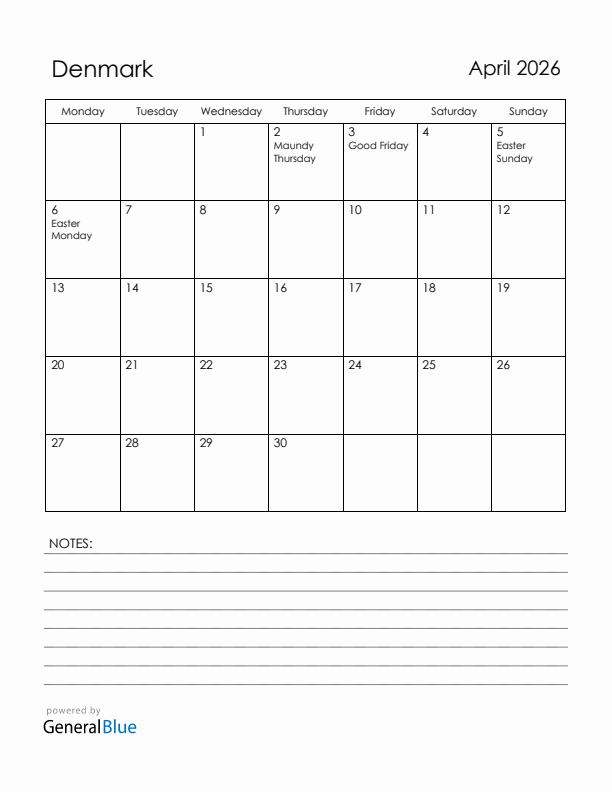 April 2026 Denmark Calendar with Holidays (Monday Start)